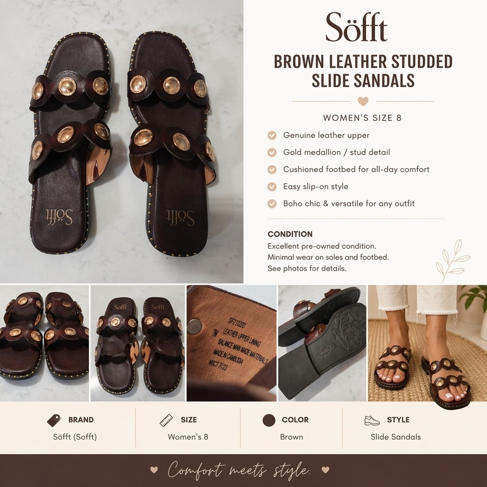 Sofft Brown Leather Studded Slide Sandals Women's Size 8 Gold Medallion Comfort